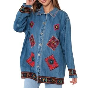 VTG 90s Embroidered Denim Patchwork Shacket XL Button ‎ Hippie Boho Life Style